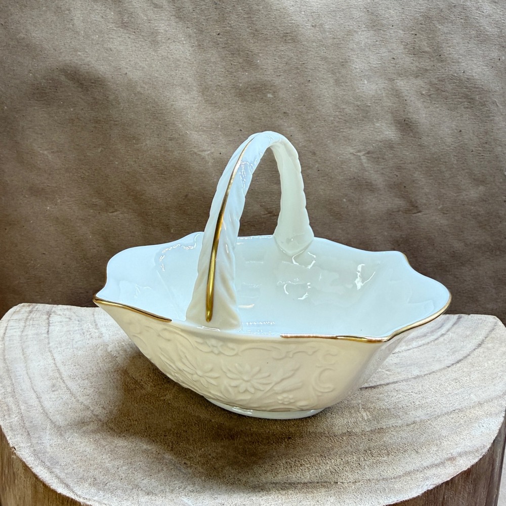 Lenox Ivory Fine China Floral Embossed Basket 24k Gold Trim Made in USA 6 inch